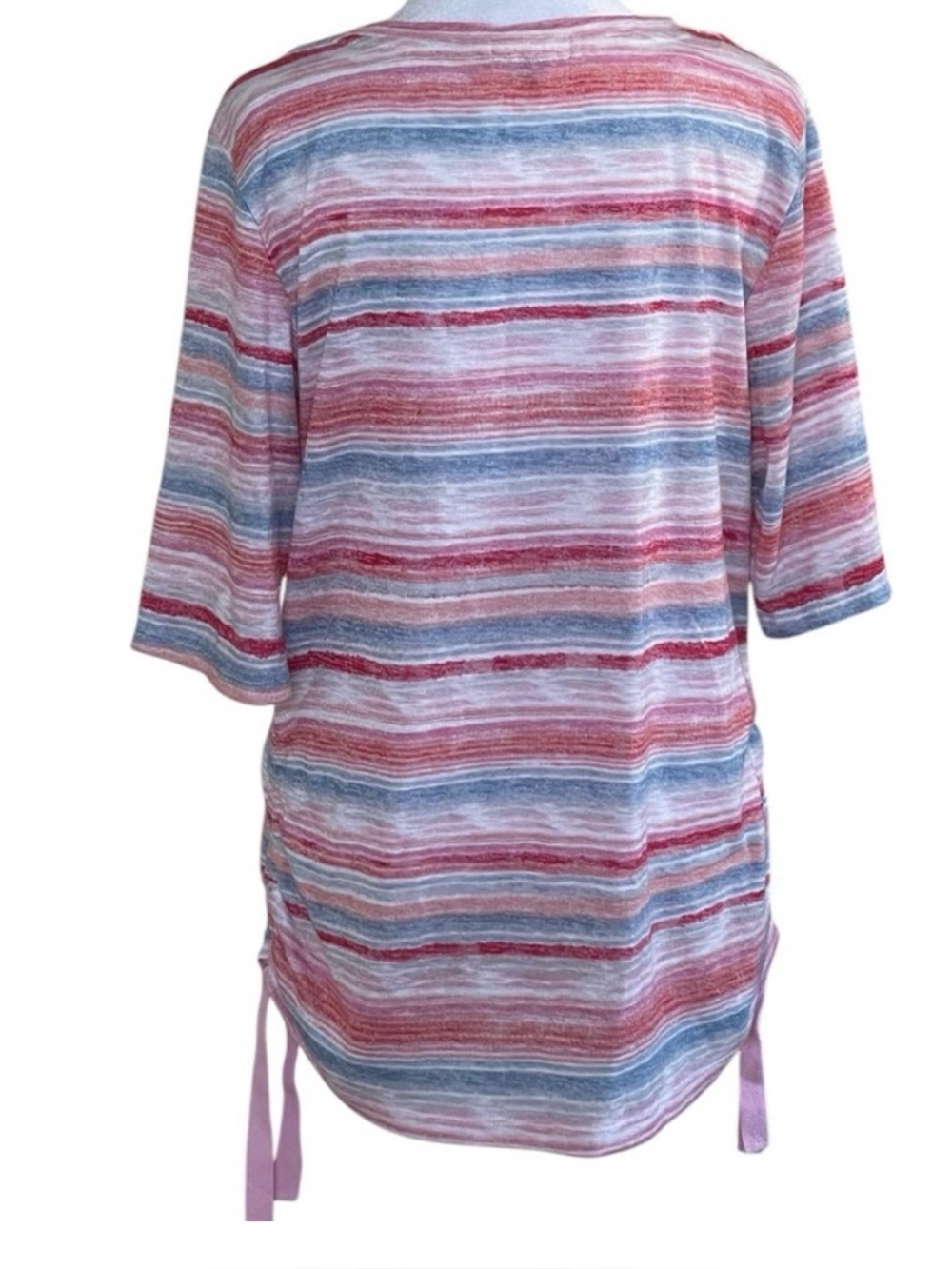 Democracy Pink Blue White Stripes Knit Top Short Sleeves Drawstring Sides, L - Picture 4 of 12